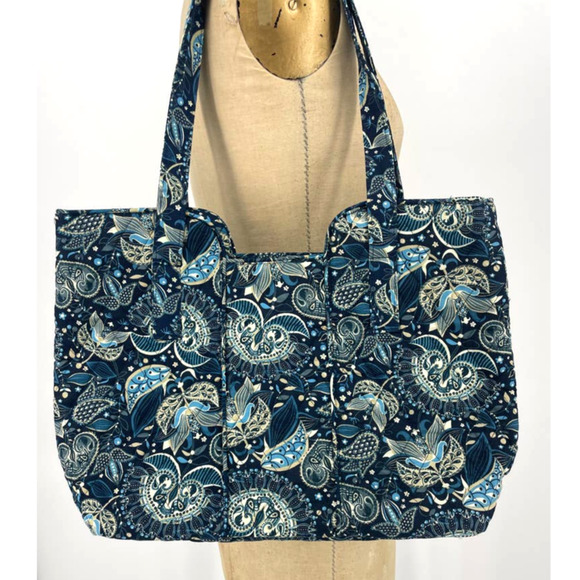 Mary Maxim Blue Paisley Cotton Shoulder Bag Quilted Tote Zippered - Picture 3 of 8